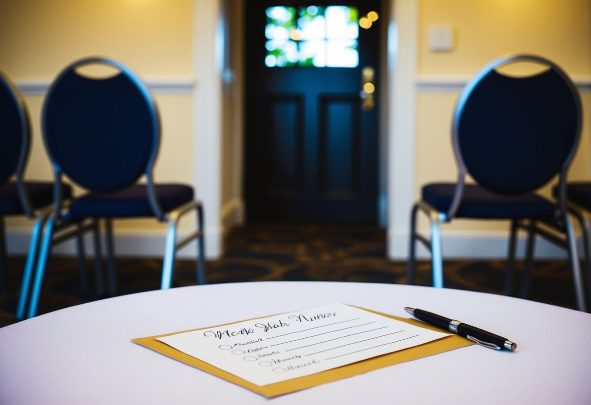 A table with a pen and paper for writing names, surrounded by empty chairs and a door for guests to enter