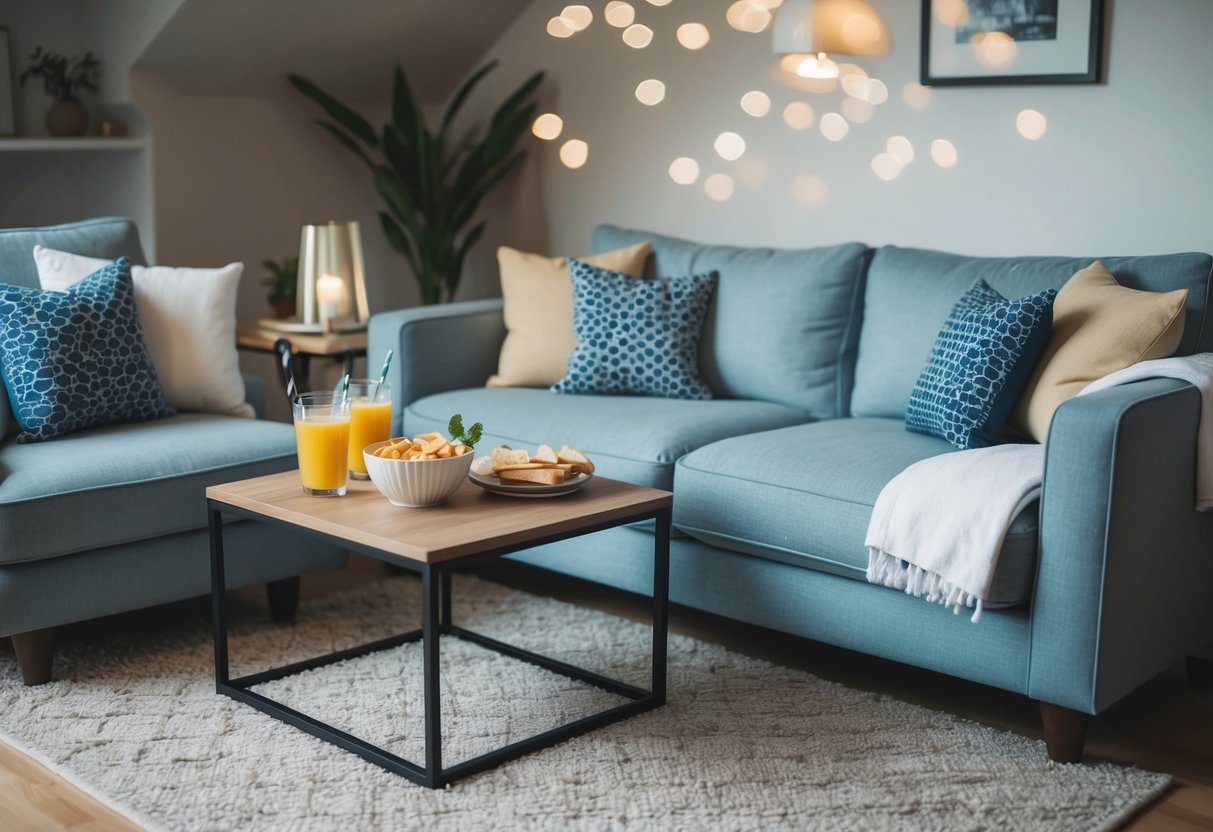 A cozy living room with a neatly made guest bed, fresh towels, and a small table set with snacks and drinks