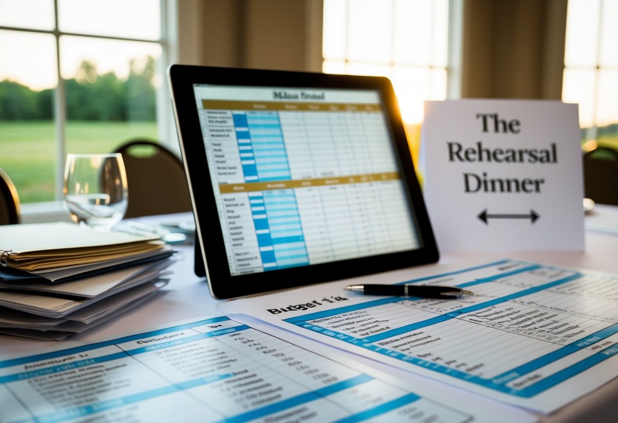 A table with budget spreadsheets, guest list, and seating chart for the rehearsal dinner