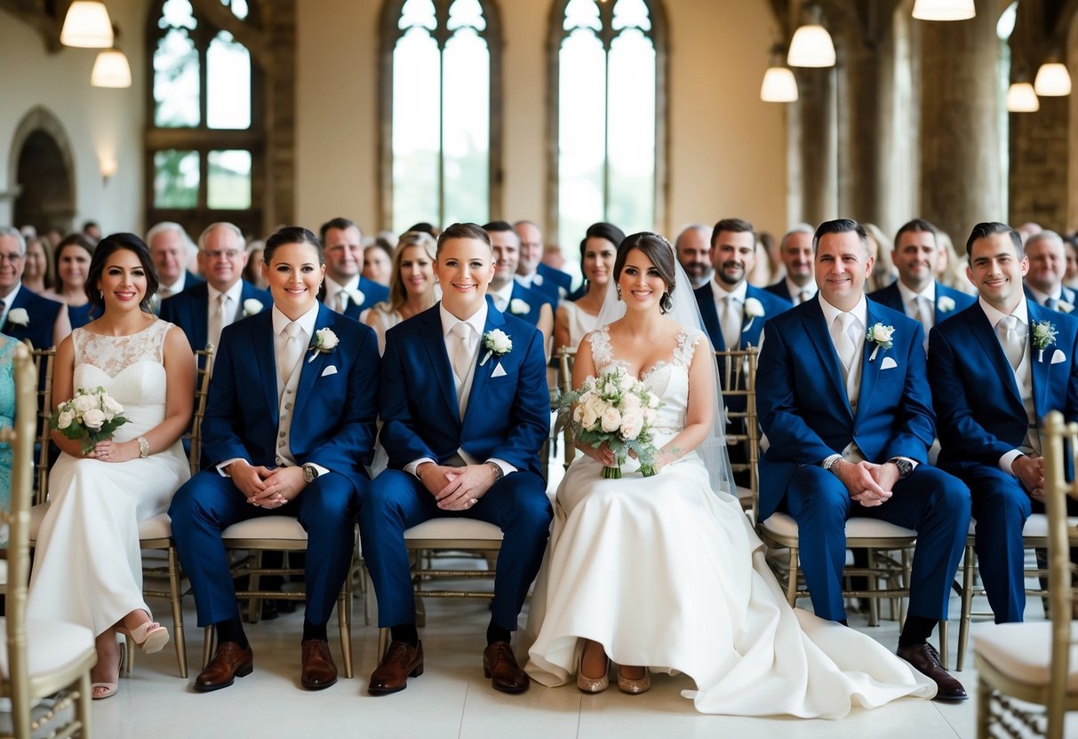 The wedding party members are strategically placed in their designated seats, with the closest family and honored guests seated first