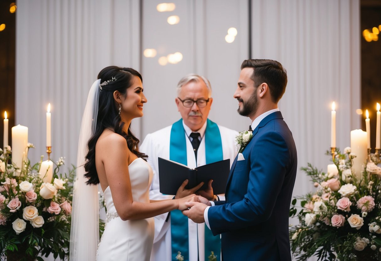 A couple stands facing each other, surrounded by flowers and candles. The officiant stands before them, speaking solemnly as they exchange vows