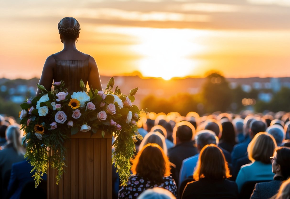 A figure stands at a podium adorned with flowers, facing an audience. The sun sets behind them, casting a warm glow over the scene