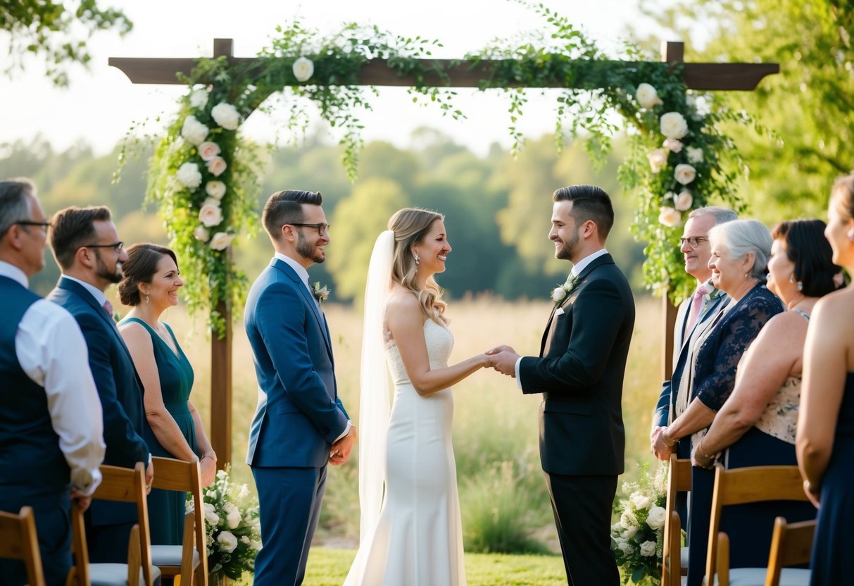 A couple stands before an officiant at a serene outdoor setting, surrounded by nature and their loved ones, exchanging vows in a non-religious ceremony
