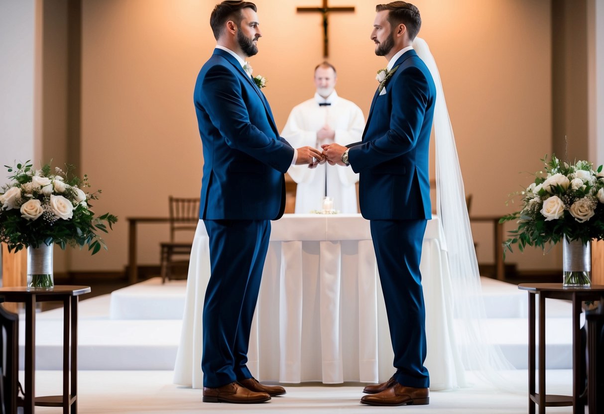 A bride and groom stand at the altar, facing each other. The bride's bouquet rests on a small table nearby, while the groom holds the wedding rings