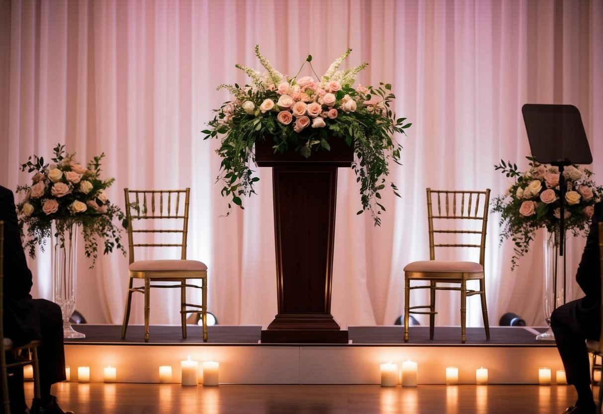A podium adorned with flowers stands center stage, flanked by elegant chairs for the speakers. The soft glow of candles illuminates the intimate setting