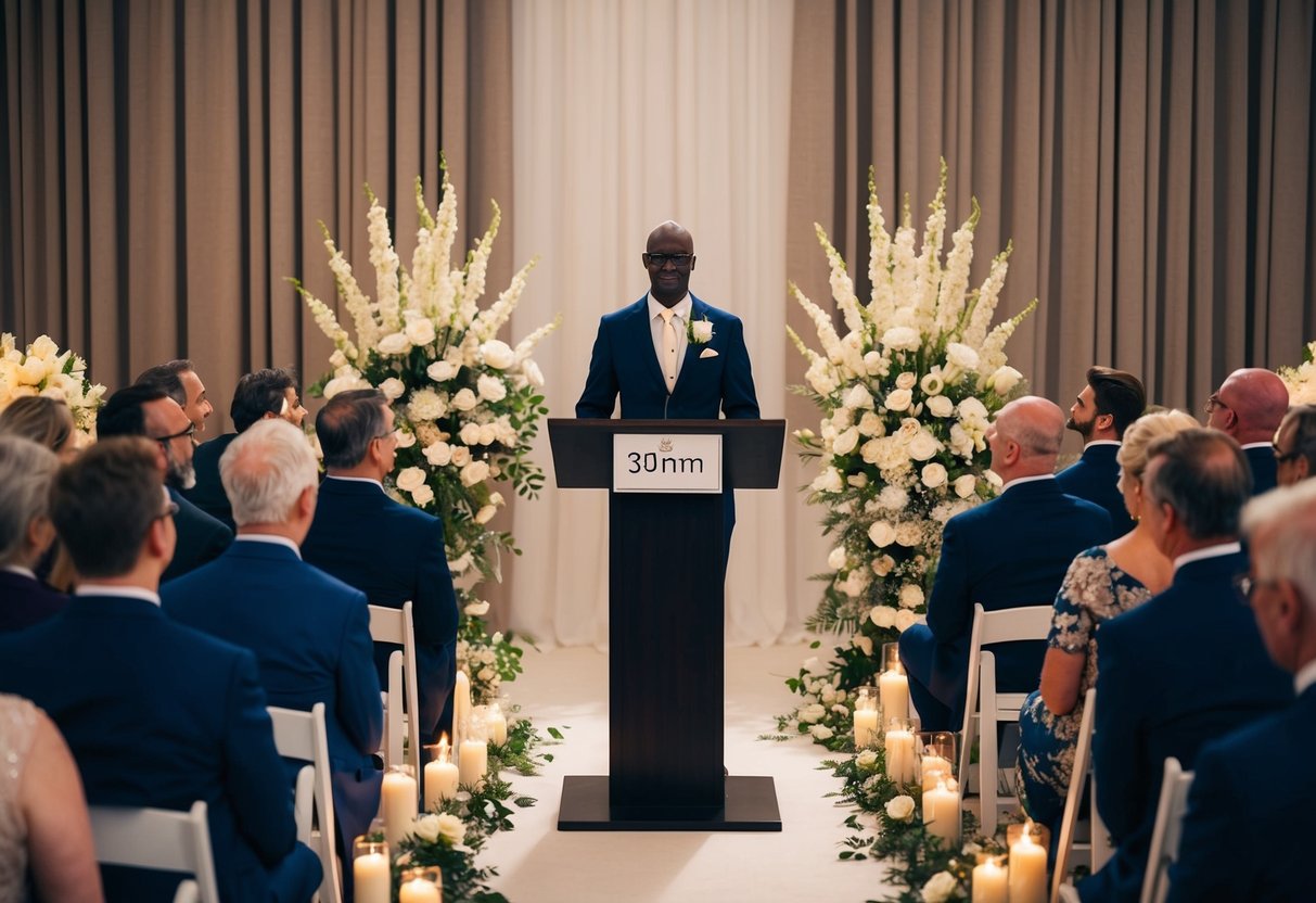 A figure stands at a podium, surrounded by flowers and candles. The audience sits in anticipation, ready to listen to the first speaker at a wedding ceremony