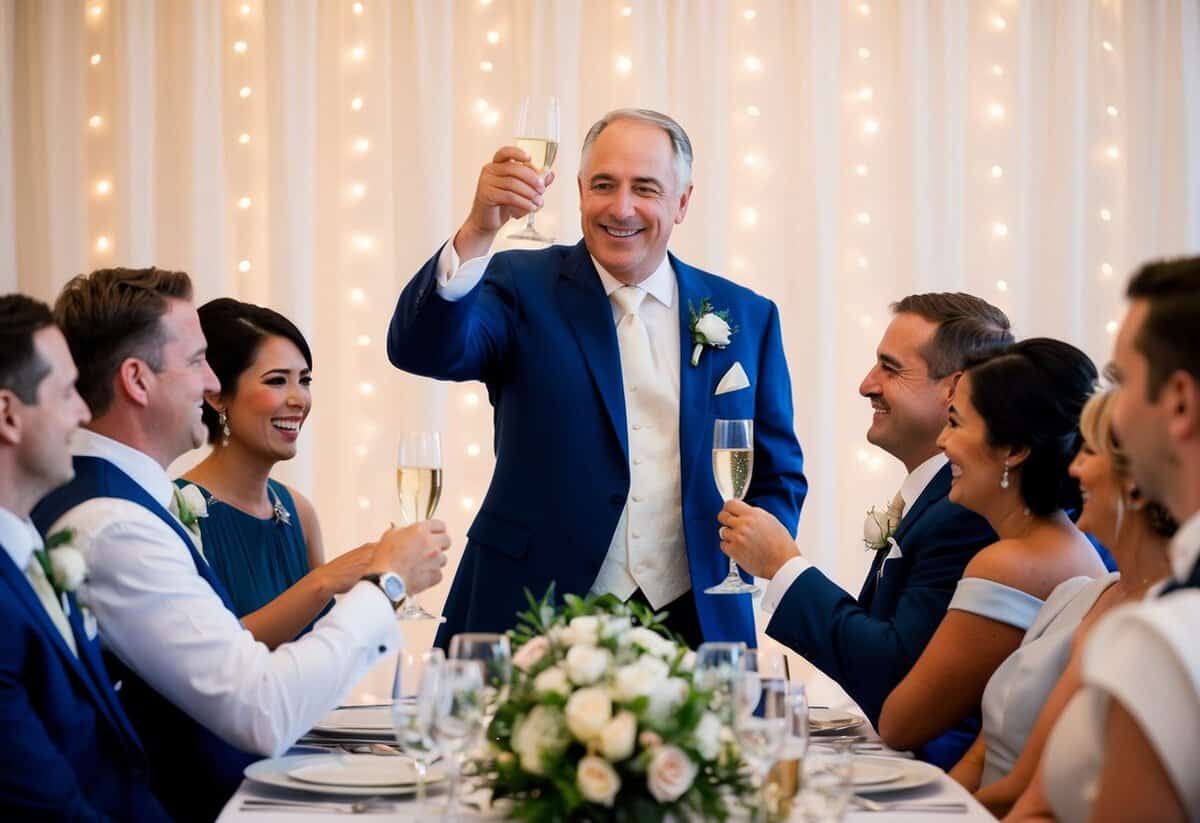 A father raises a glass in a toast, surrounded by smiling guests and a beautiful wedding backdrop