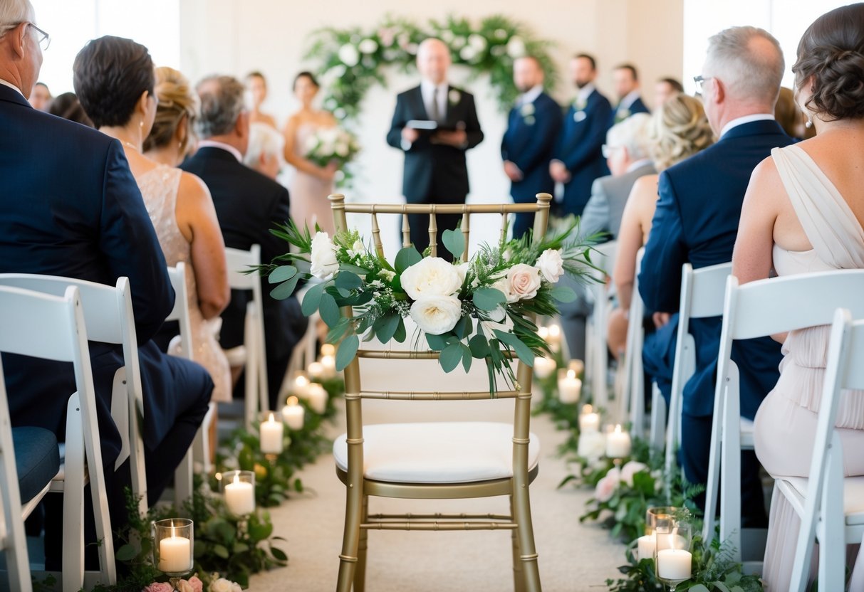 A flower-adorned chair at the center of an aisle, facing the gathered guests and officiant