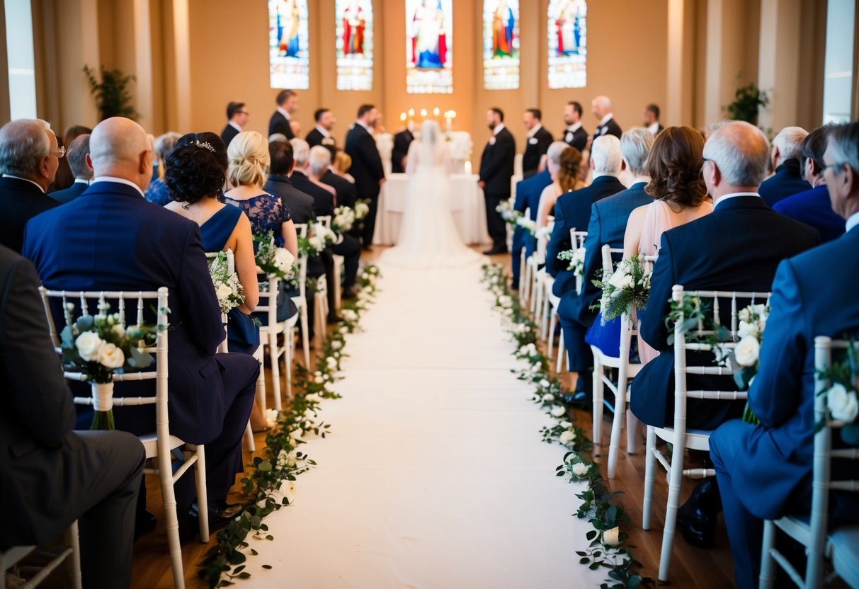 Guests fill rows, center aisle leads to front altar