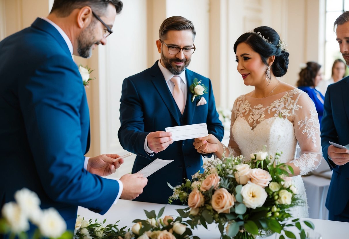 A father hands over a check to a wedding planner, while a mother discusses floral arrangements with a vendor