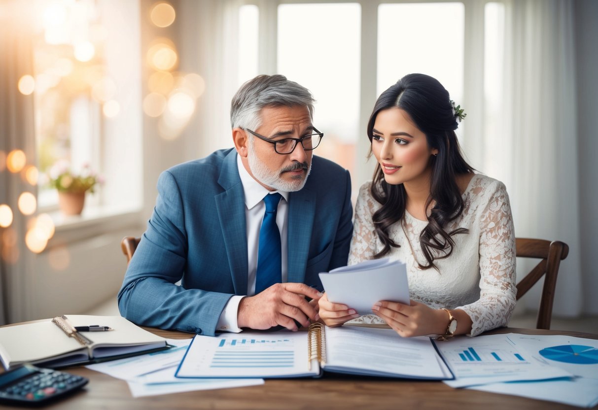 A father and daughter discussing wedding expenses, with a table covered in financial documents and a wedding planning book open in front of them