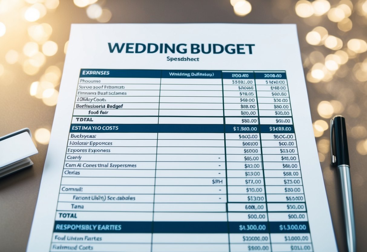 A table with a detailed wedding budget spreadsheet, with columns for expenses, estimated costs, and responsible parties