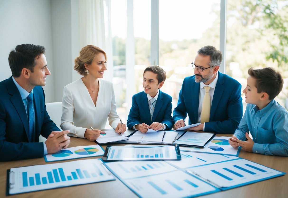 A family sitting around a table, discussing finances and wedding plans, with charts and graphs spread out in front of them