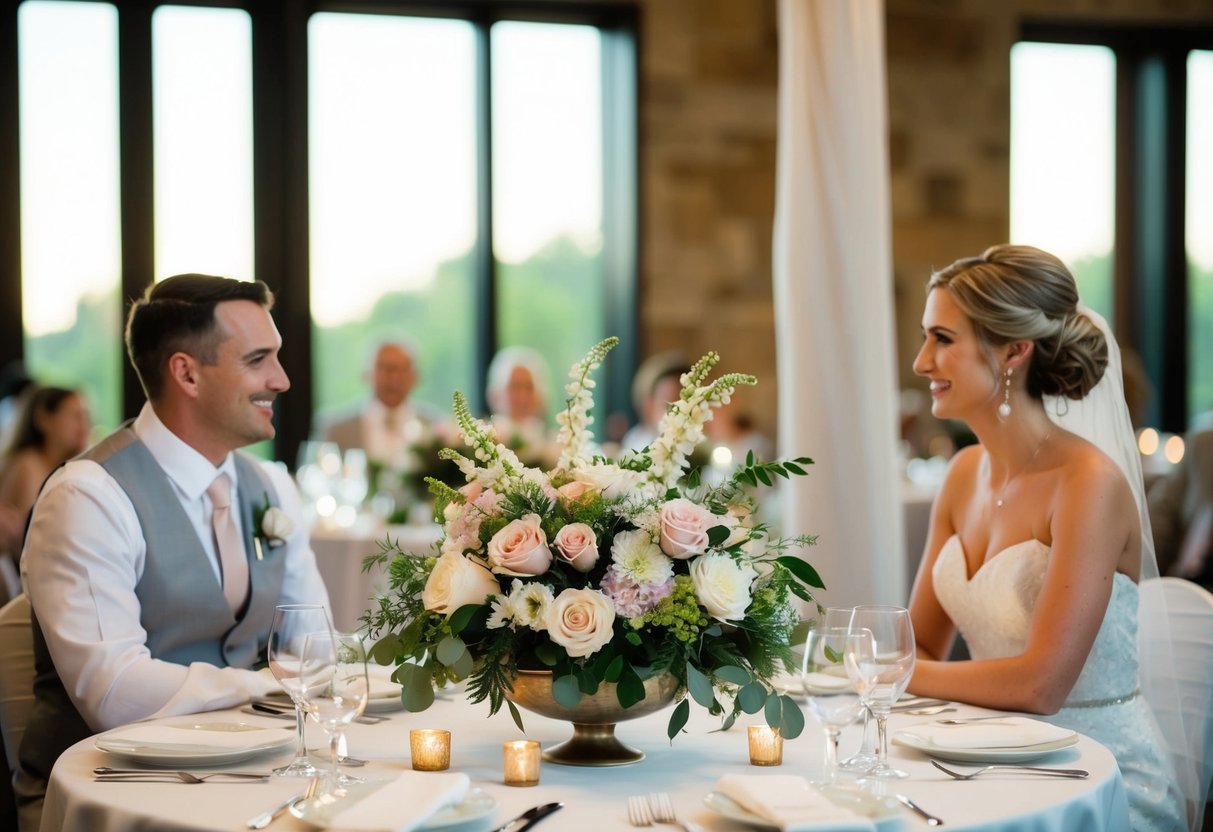 A floral centerpiece sits between the bride and groom at the head table during the rehearsal dinner