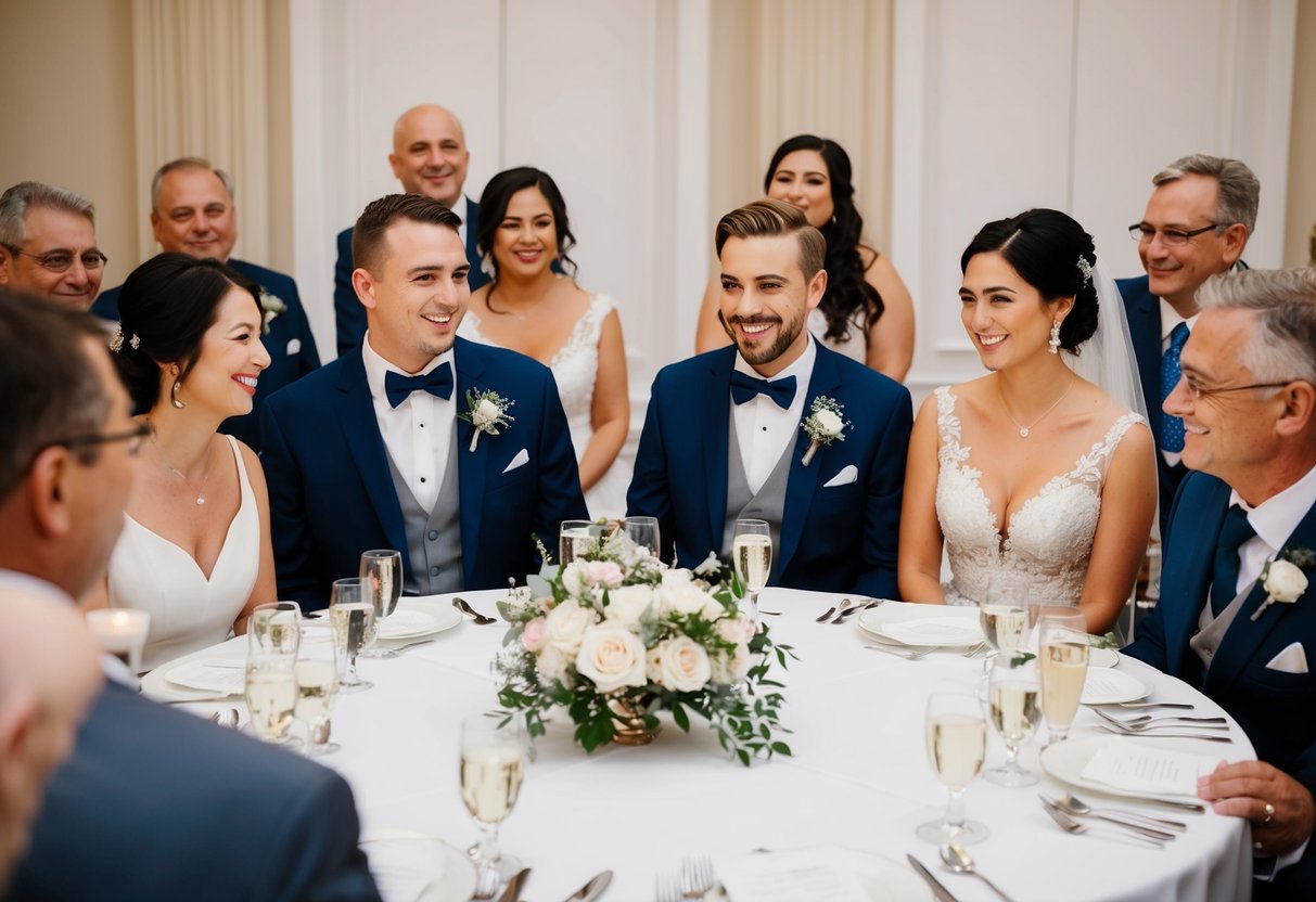 A round table with bride and groom at the center, surrounded by family and close friends
