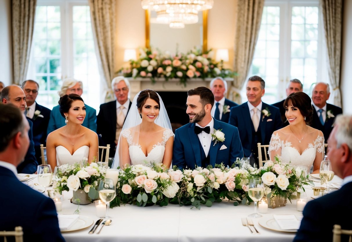 The bride and groom sit at the head of the table, with family and close friends seated nearby. The setting is elegant, with floral centerpieces and soft lighting
