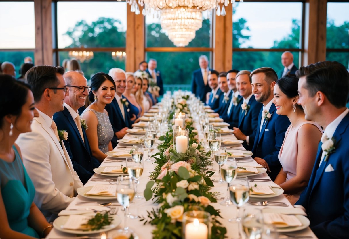 The bride and groom sit at the center of a long dinner table, surrounded by their closest family and friends