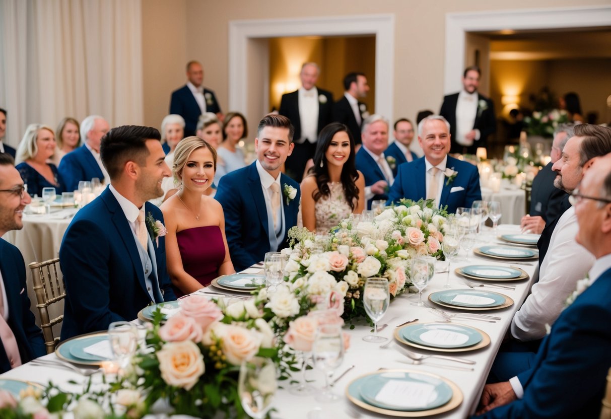 Guests at a beautifully set table, with elegant place settings and floral centerpieces, eagerly anticipate the arrival of the bride and groom at the rehearsal dinner