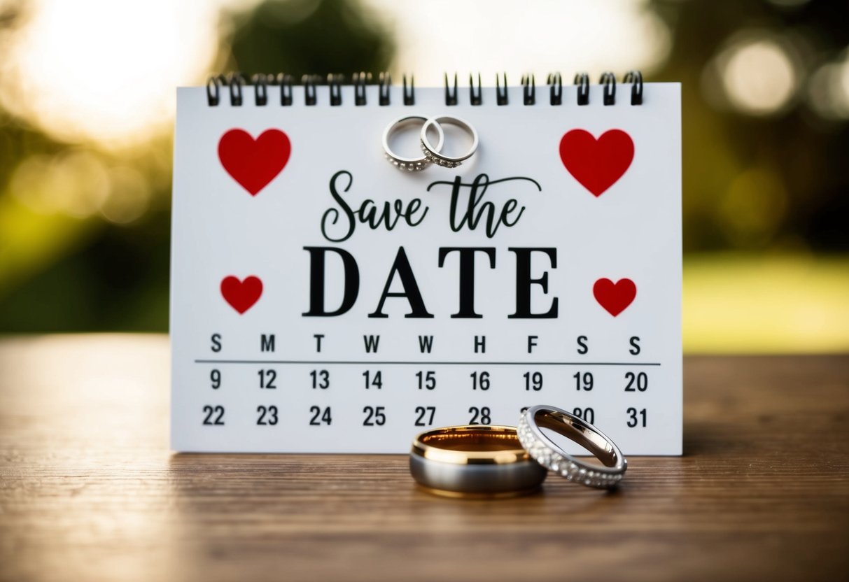 A save the date card with a calendar, hearts, and wedding rings