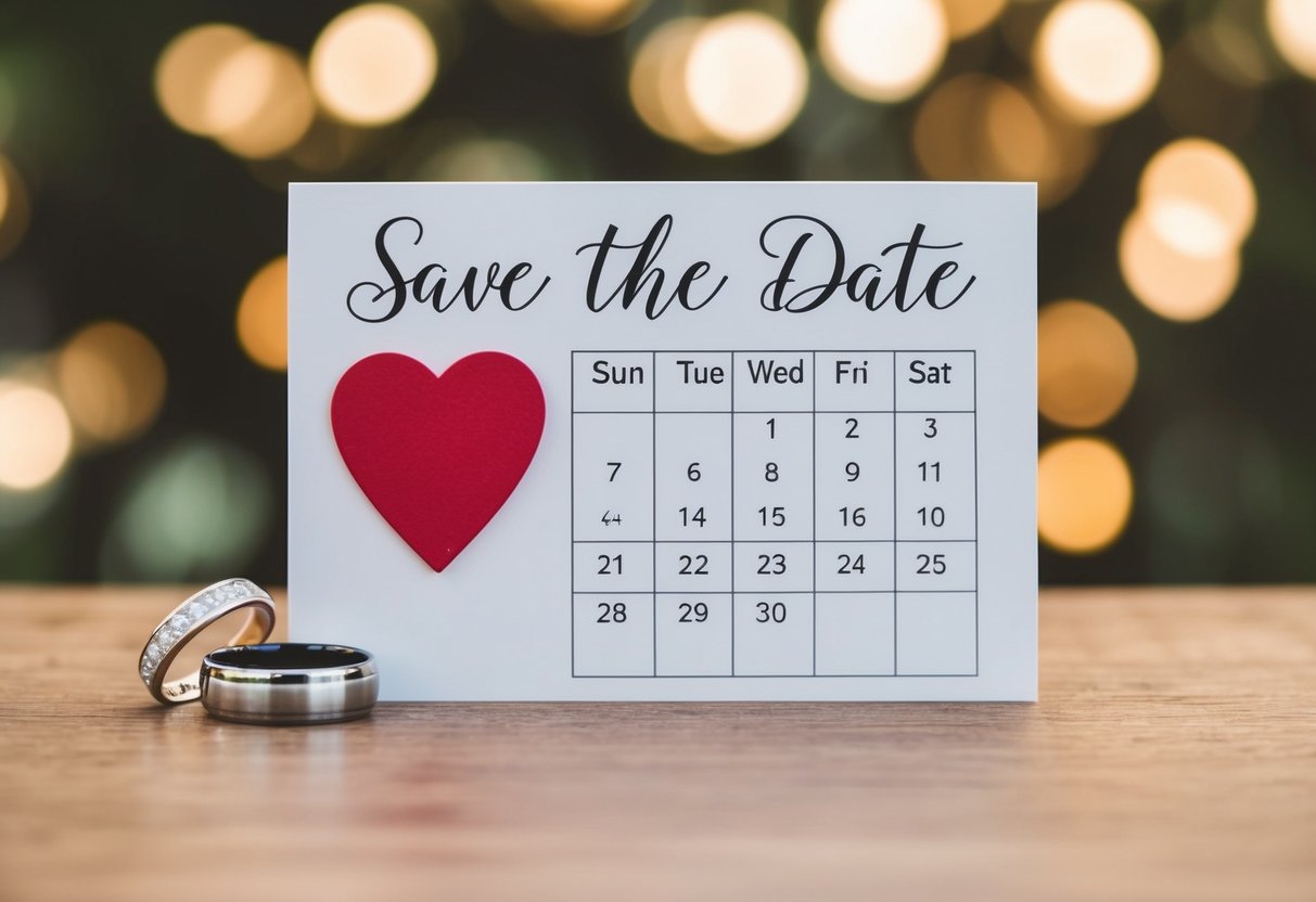 A save the date card with a calendar, heart, and wedding rings