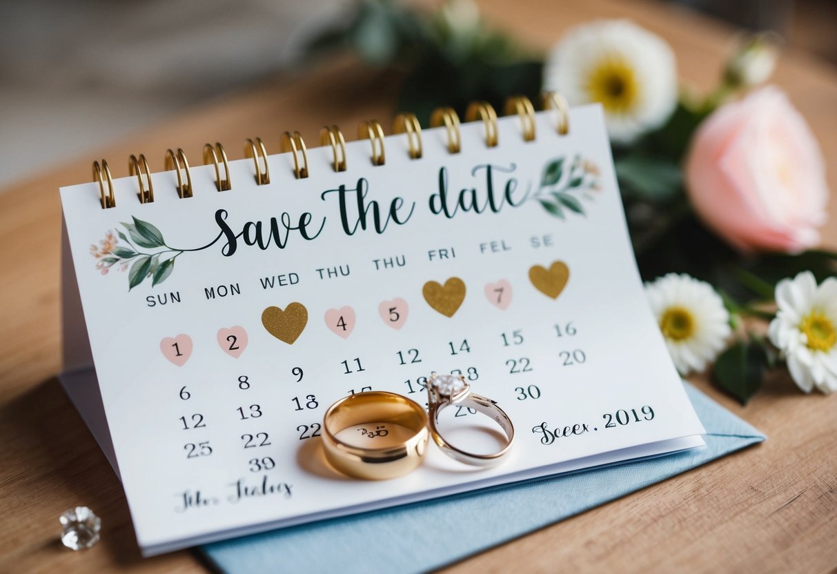 A save the date with a calendar, wedding rings, and floral accents
