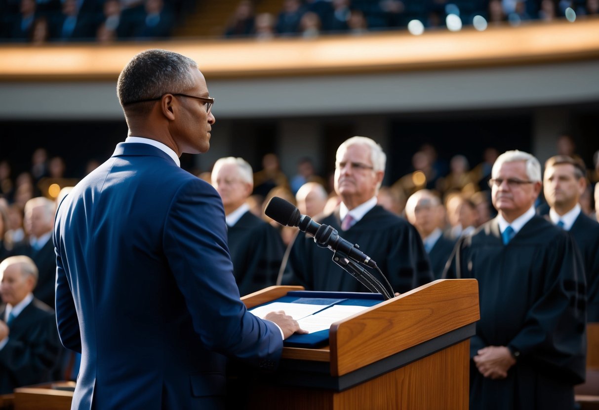 A figure stands at a podium, overseeing a ceremony with authority and solemnity