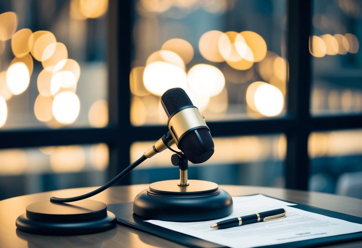 A podium with a microphone and a table with legal documents and a pen