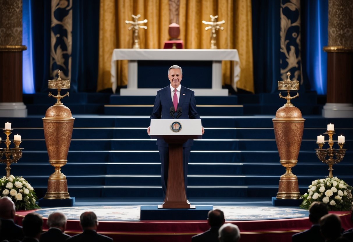 A figure stands at a podium, surrounded by ornate decor and ceremonial objects. The atmosphere is solemn and reverent, setting the stage for an important event