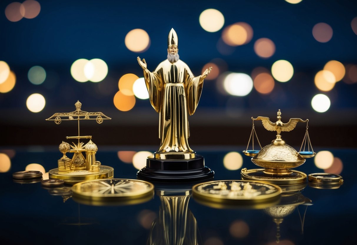 A figure presiding over different life events with symbolic objects