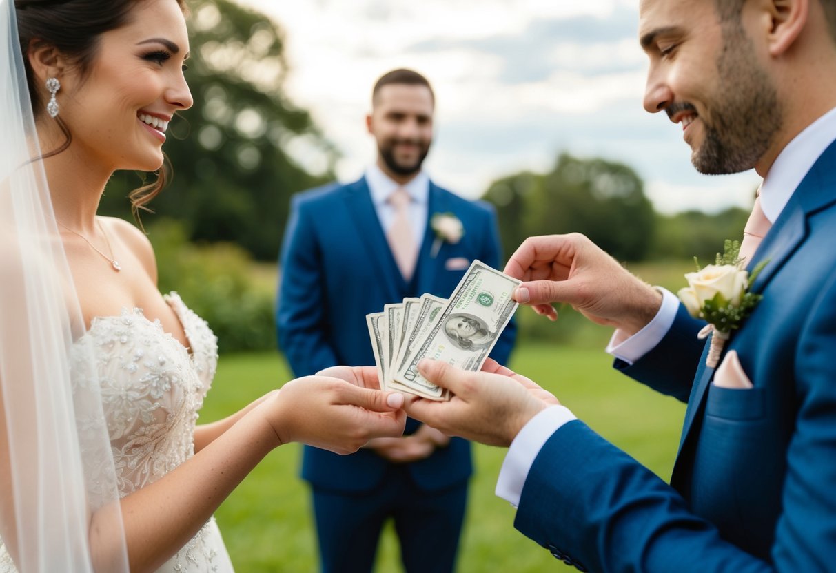 A groom placing money in a bride's hand as a symbol of providing for her