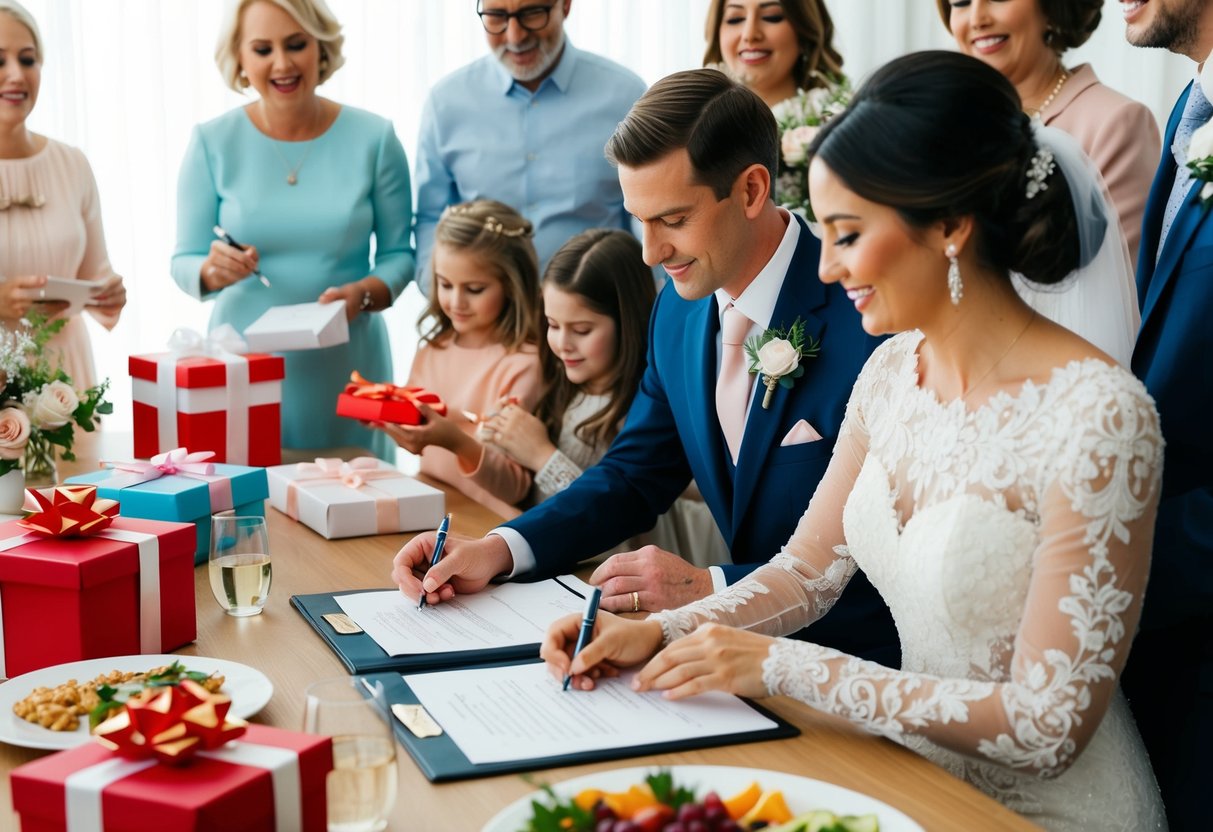 A bride and groom signing legal documents while family members exchange gifts and celebrate with food and drinks