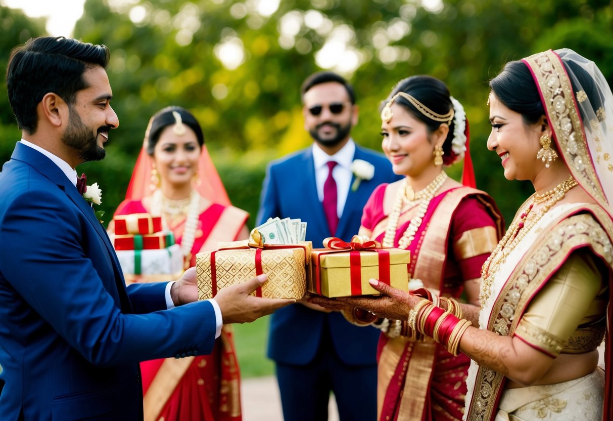 The groom's family presents gifts and money to the bride's family as a symbol of their gratitude and commitment