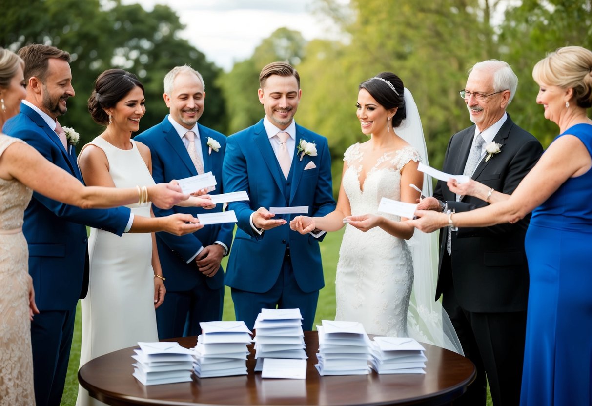 A bride and groom standing at a table with a stack of envelopes, surrounded by family members. The groom's family is handing over checks and cash to the bride's family