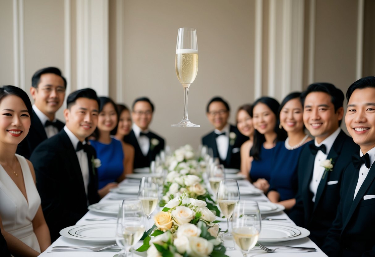 A champagne glass raised above a table set with elegant place settings, surrounded by smiling guests in formal attire