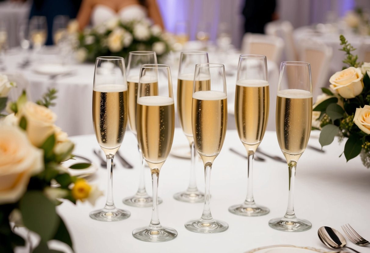 A group of elegant glasses filled with champagne arranged on a beautifully decorated table at a wedding reception