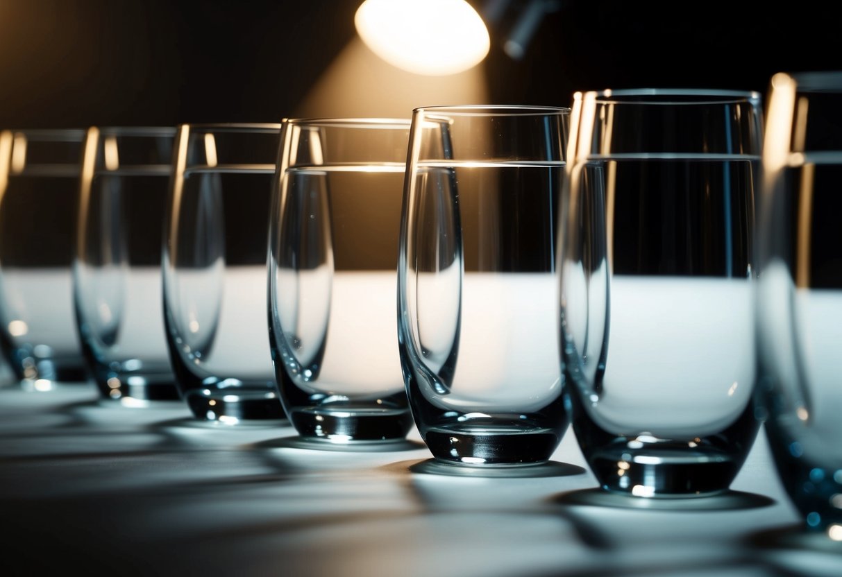 A line of empty glasses arranged in a sequence, with a spotlight shining on each one in turn
