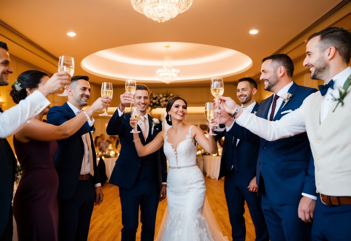 Guests and wedding party raise glasses, standing in a circle, smiling and looking at the couple. The room is filled with warm lighting and floral decorations