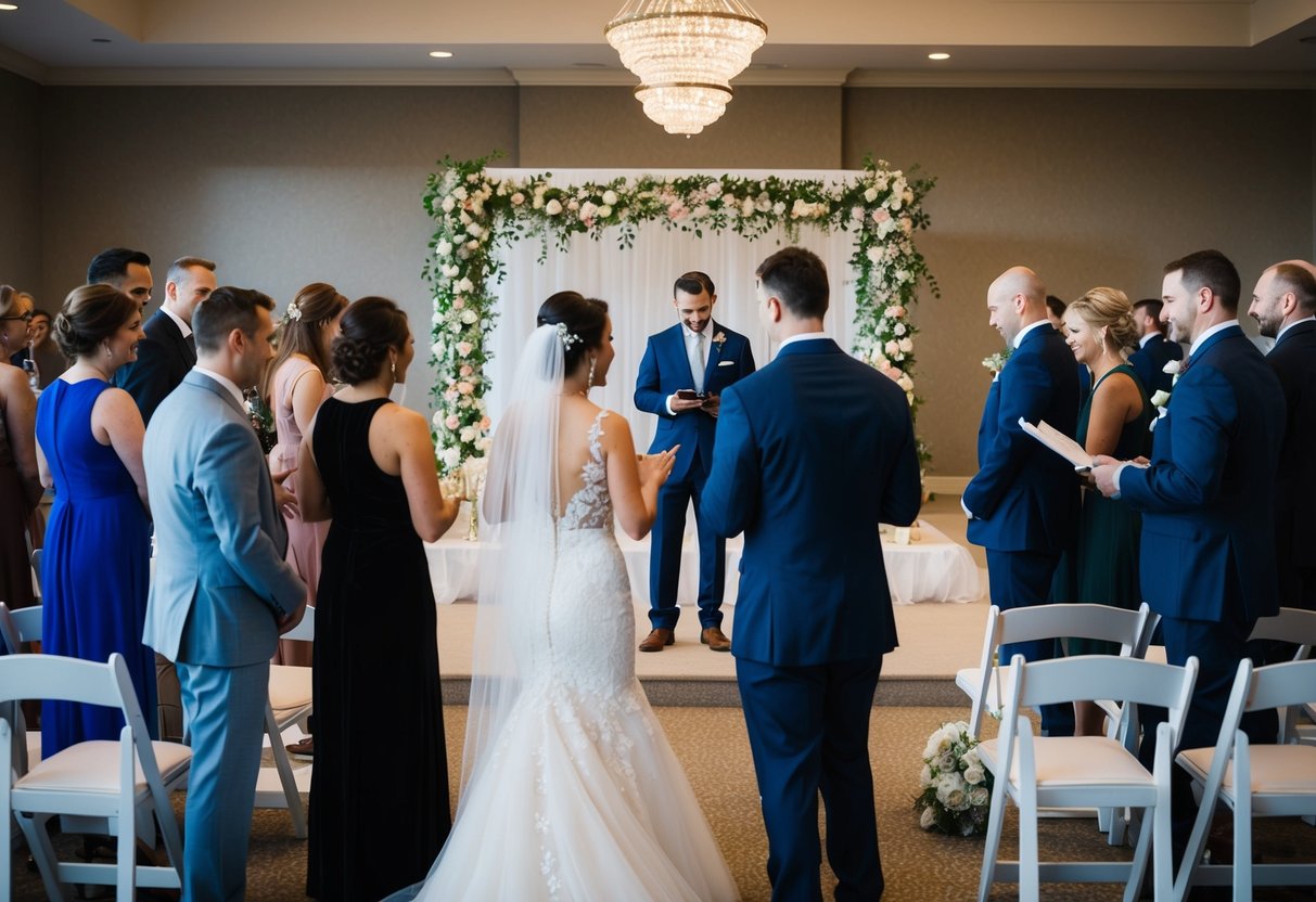 Guests mingle as a couple practices their vows at a decorated altar. A coordinator directs the wedding party's movements on the spacious venue