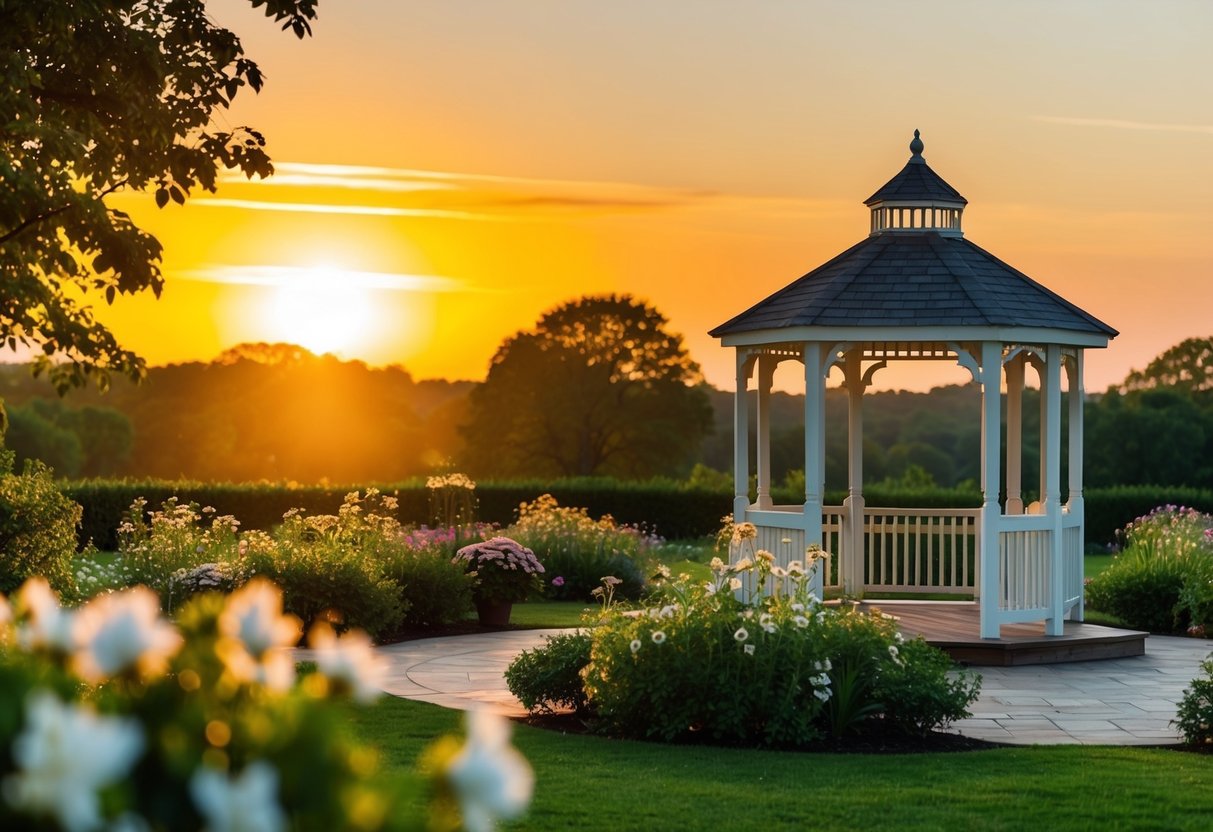 A golden sunset casts a warm glow over a serene garden, with blooming flowers and a peaceful gazebo, creating a romantic setting for a wedding