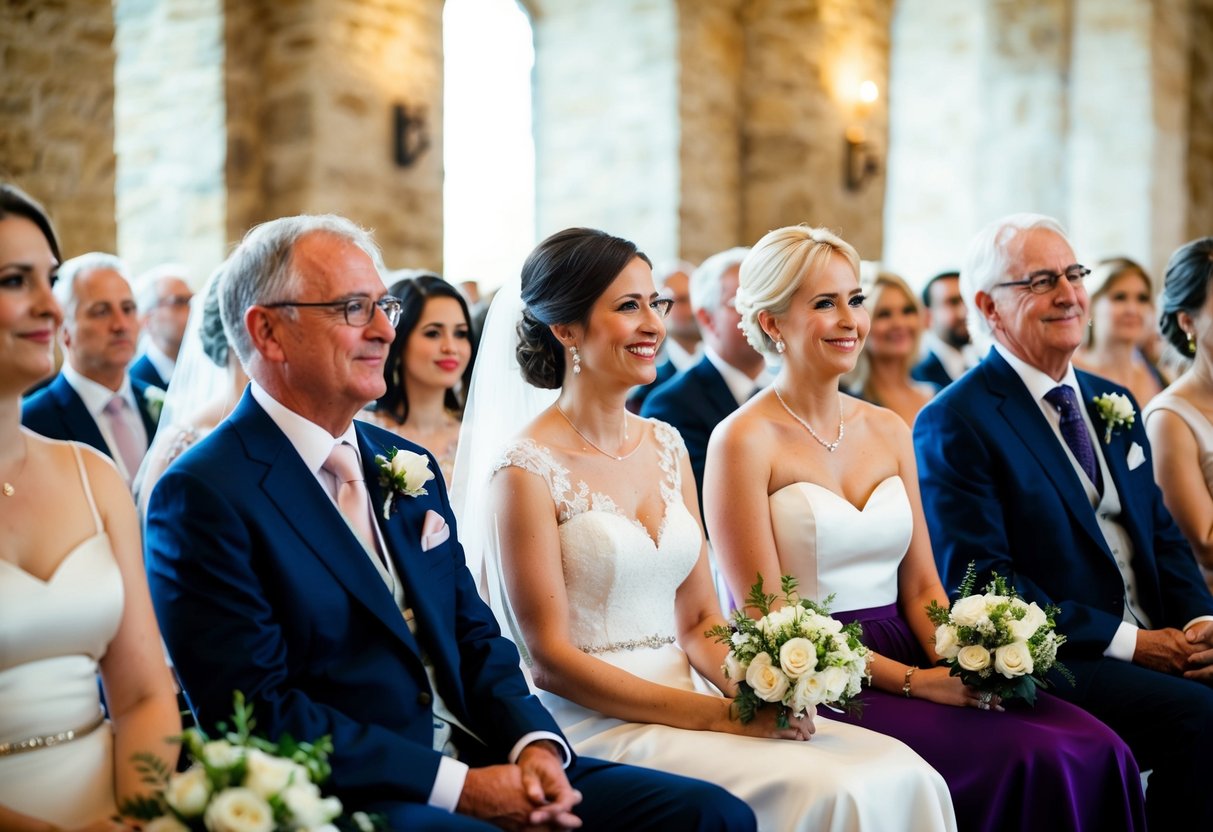 The parents of the bride should sit with close family and friends in the front row of the wedding ceremony