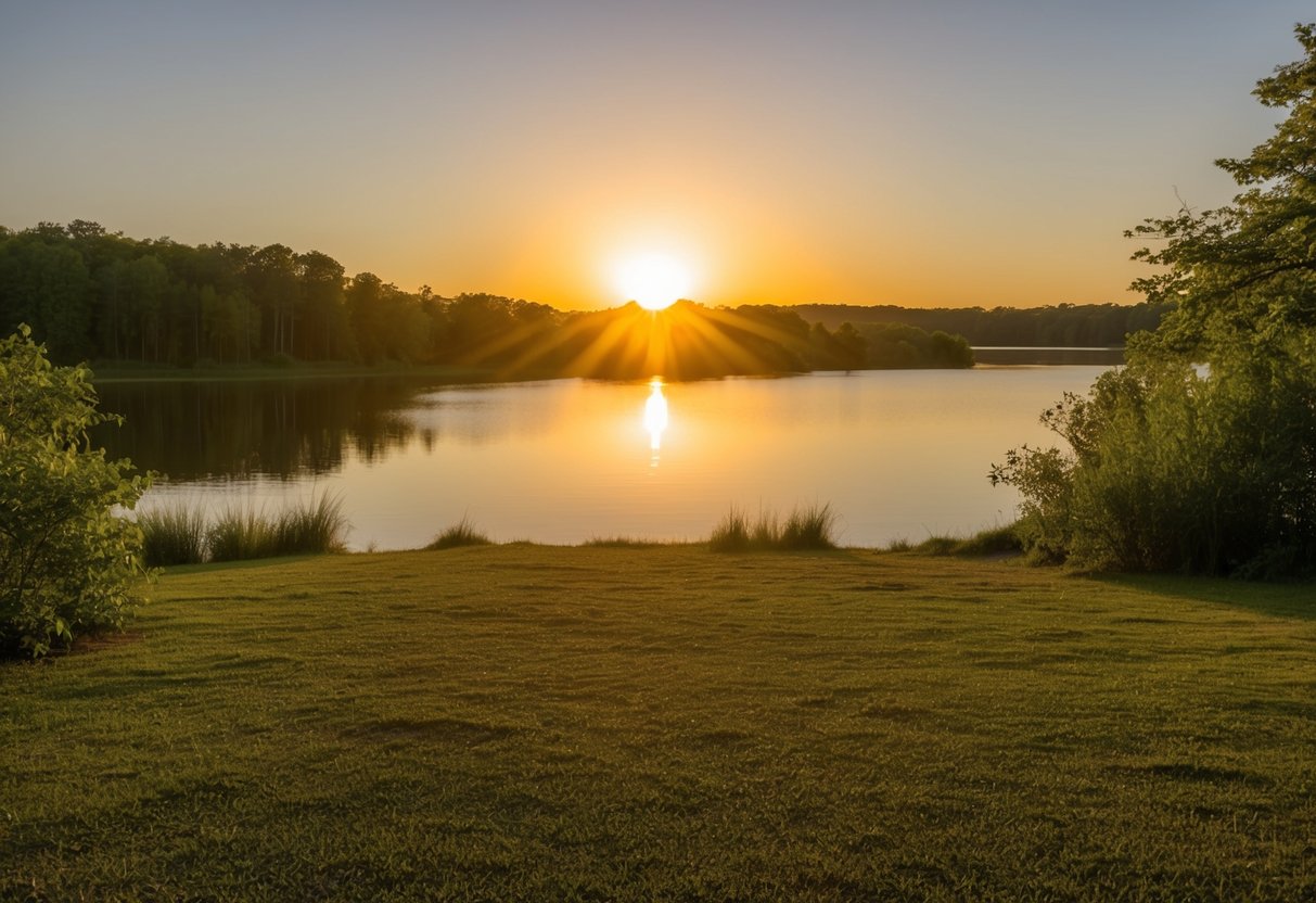 A golden sun sets behind a tranquil lake, casting a warm glow over a secluded clearing surrounded by lush greenery