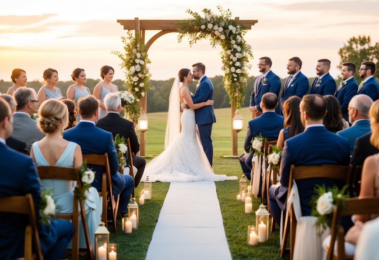 A serene outdoor wedding ceremony at sunset, with comfortable seating and soft lighting creating a warm and inviting atmosphere
