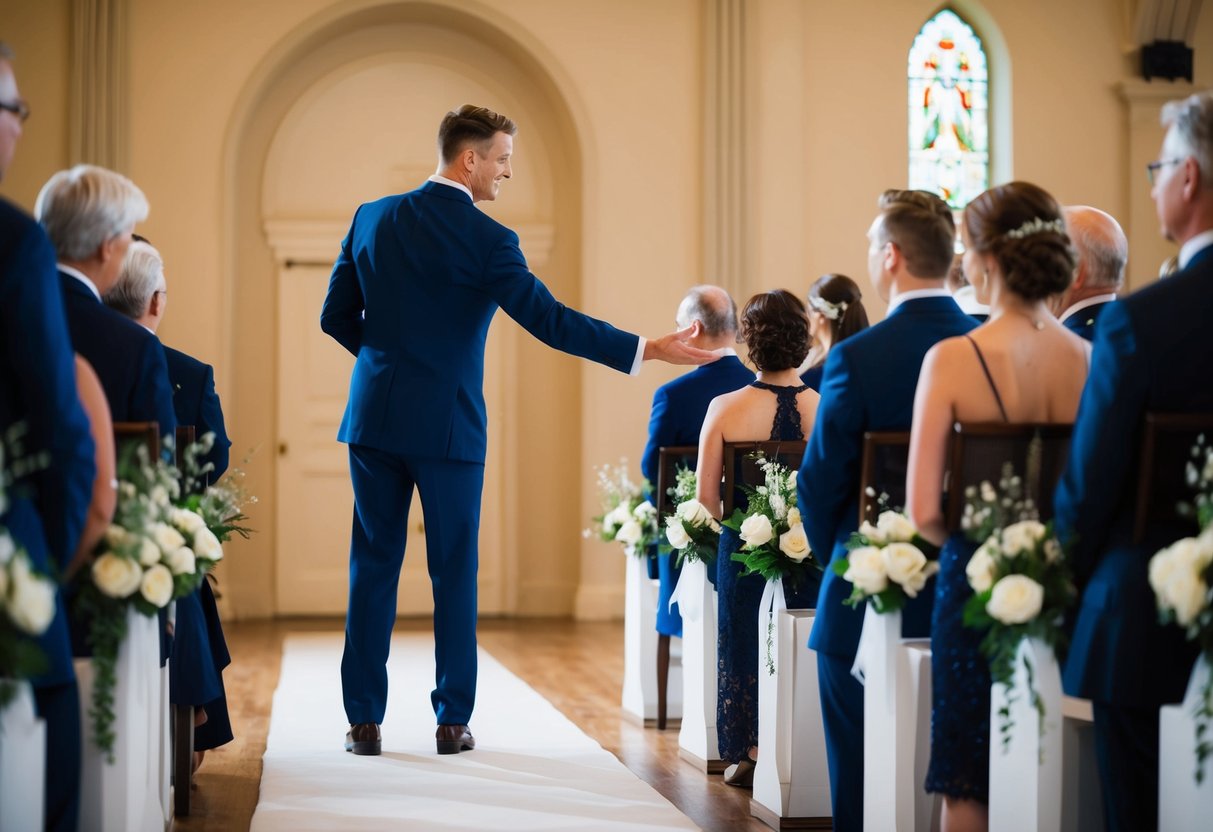 A figure stands at the end of the aisle, extending an arm towards the waiting figure, ready to guide them forward