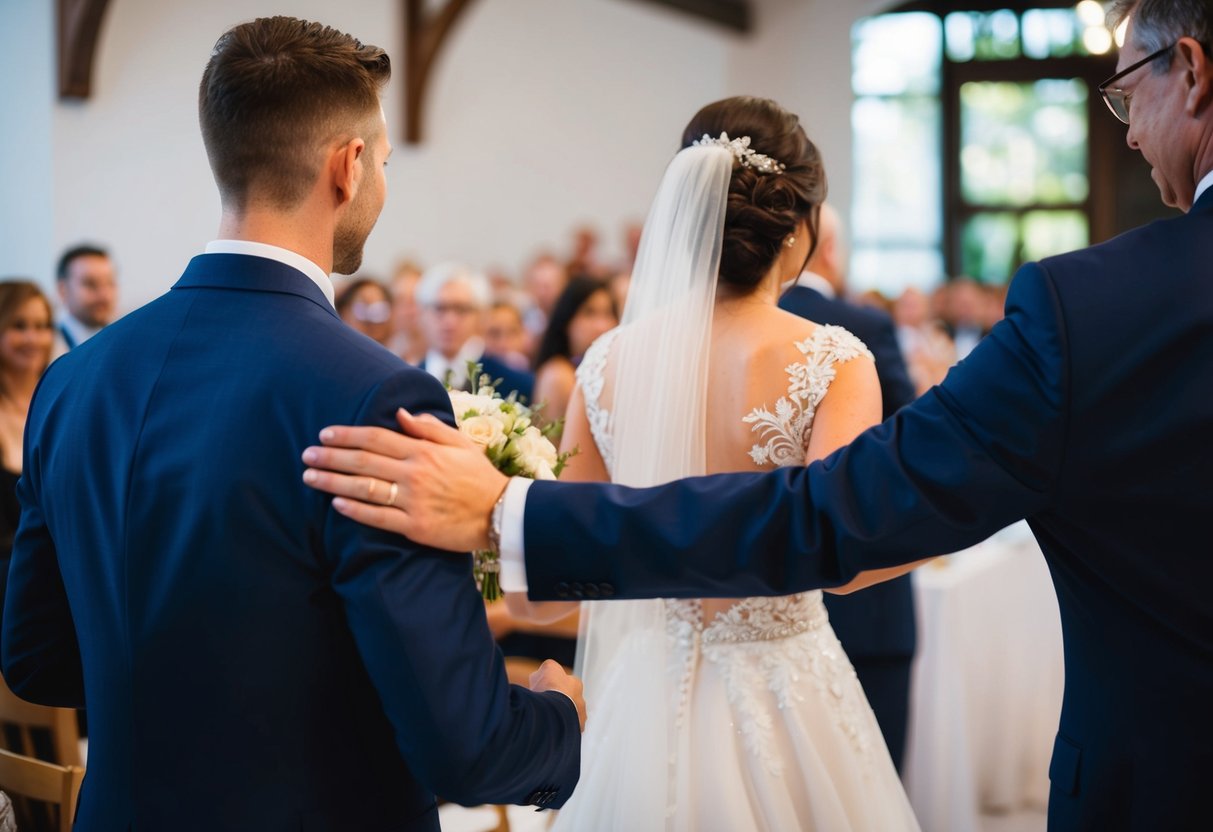 A figure in a sharp suit extends their arm, offering support and companionship as the bride walks down the aisle