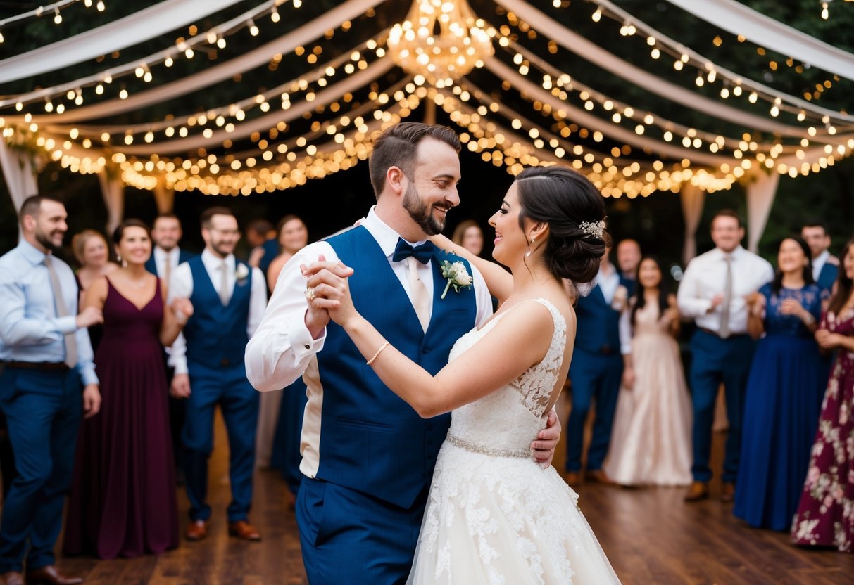 A bride and groom dancing under a canopy of twinkling lights, surrounded by guests swaying to a romantic melody