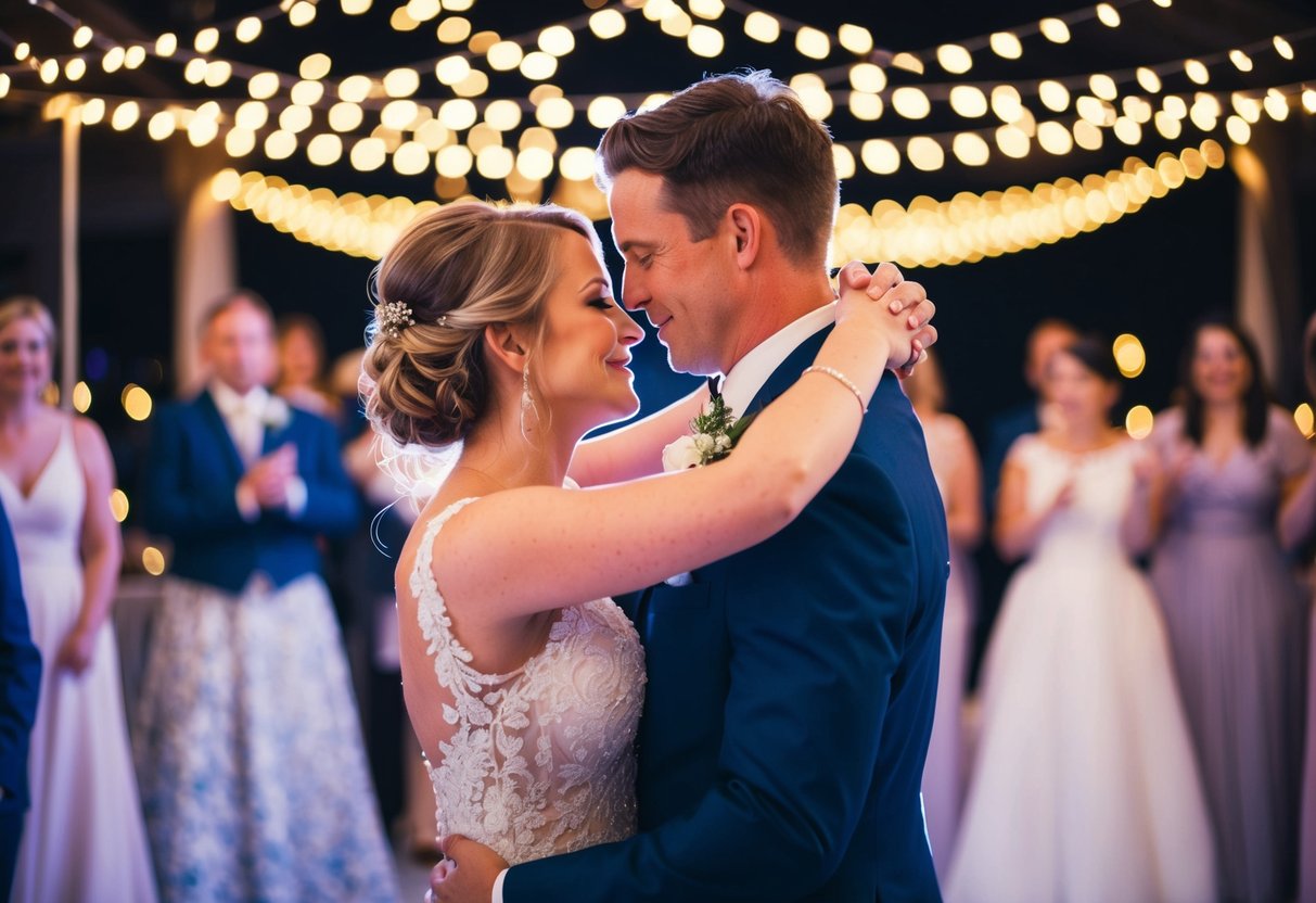 A bride and groom dance together in a romantic embrace, surrounded by twinkling lights and soft music playing in the background
