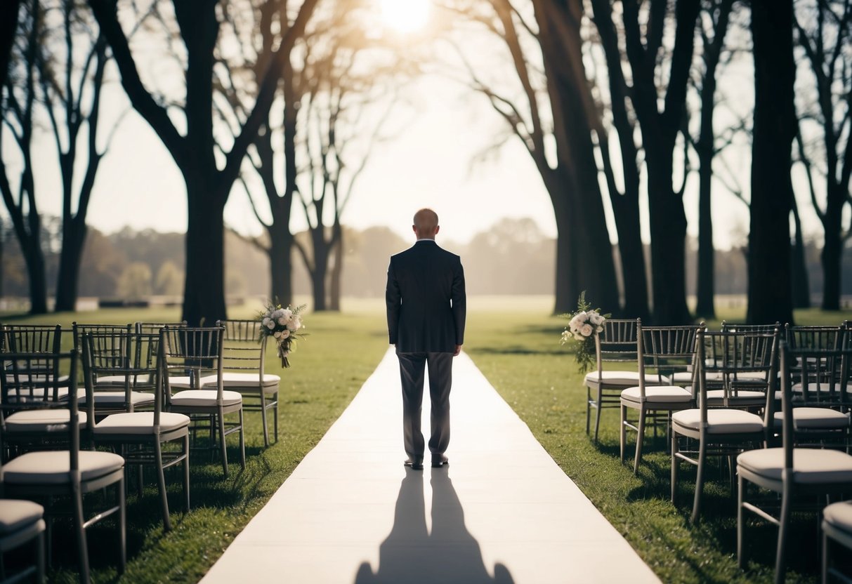 A figure stands at the end of the aisle, casting a long shadow as the light filters through the trees, symbolizing the absent parent's presence