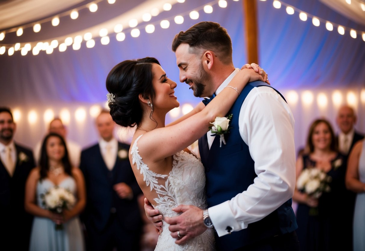 A couple dances under twinkling lights to the classic wedding song "At Last" by Etta James