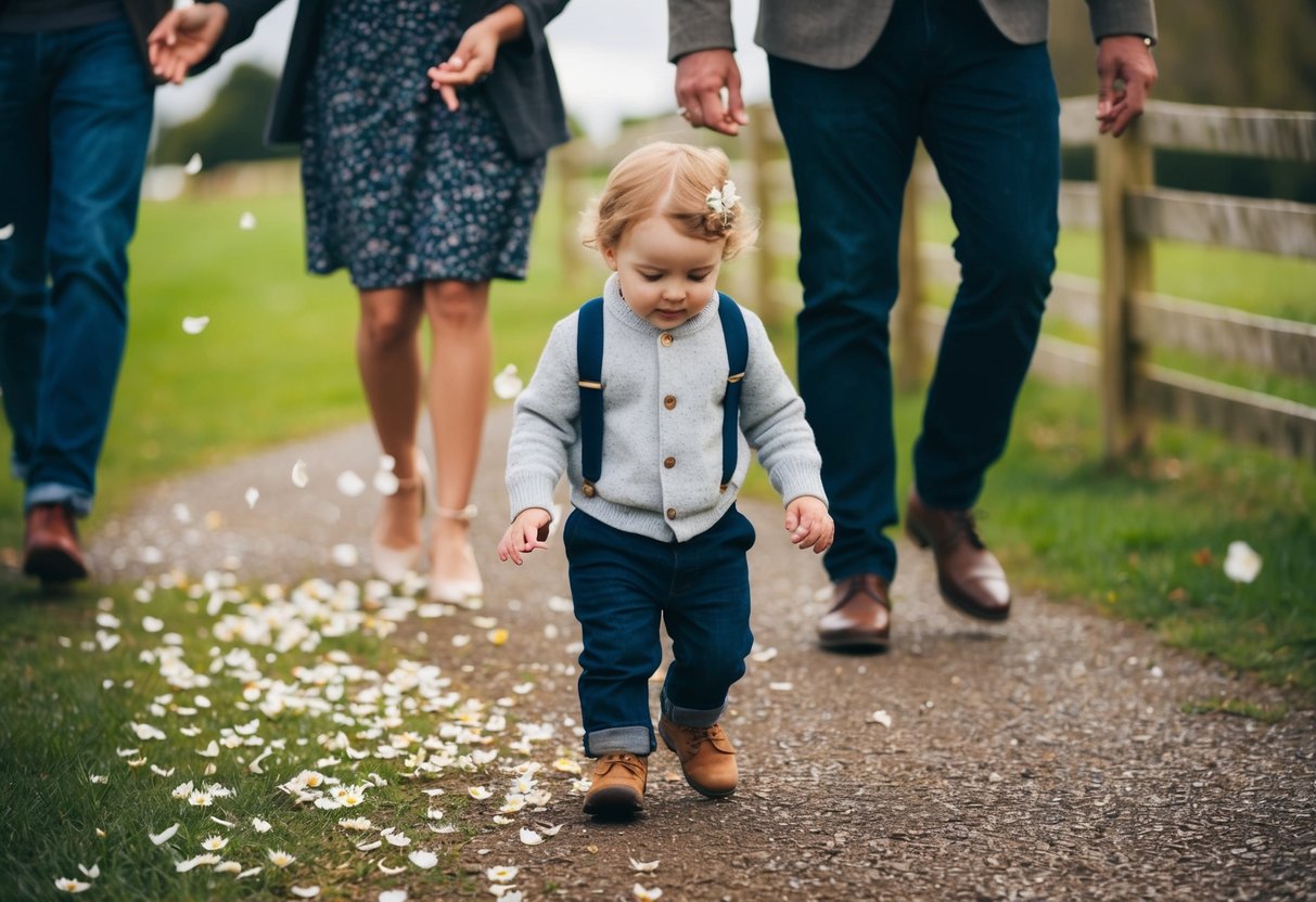 A young child leads the way, scattering flower petals, while a family member walks alongside, offering support and guidance