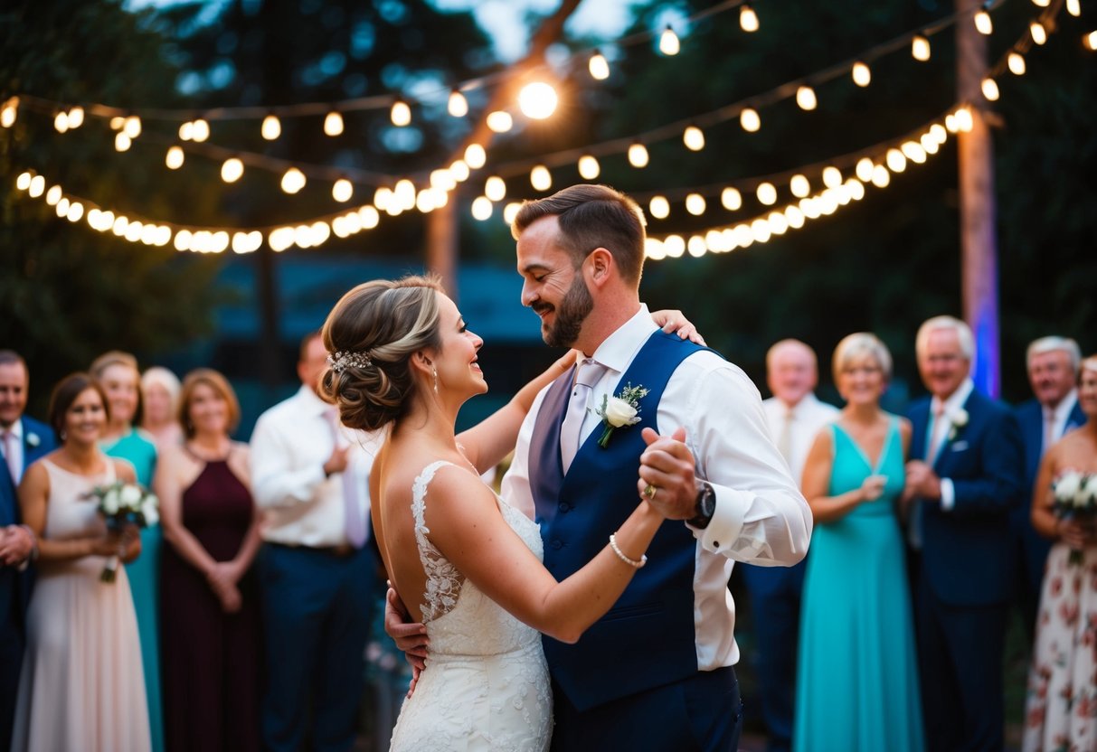 A couple dances under twinkling lights at their wedding, surrounded by loved ones, to a classic love song